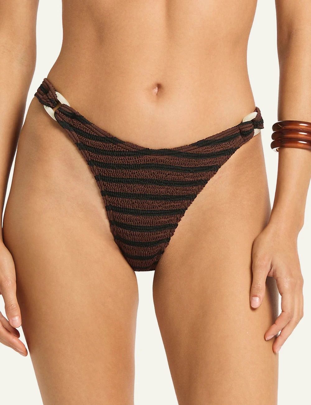 Bound Ring Scene bikini bottom black brown stripe front detail view