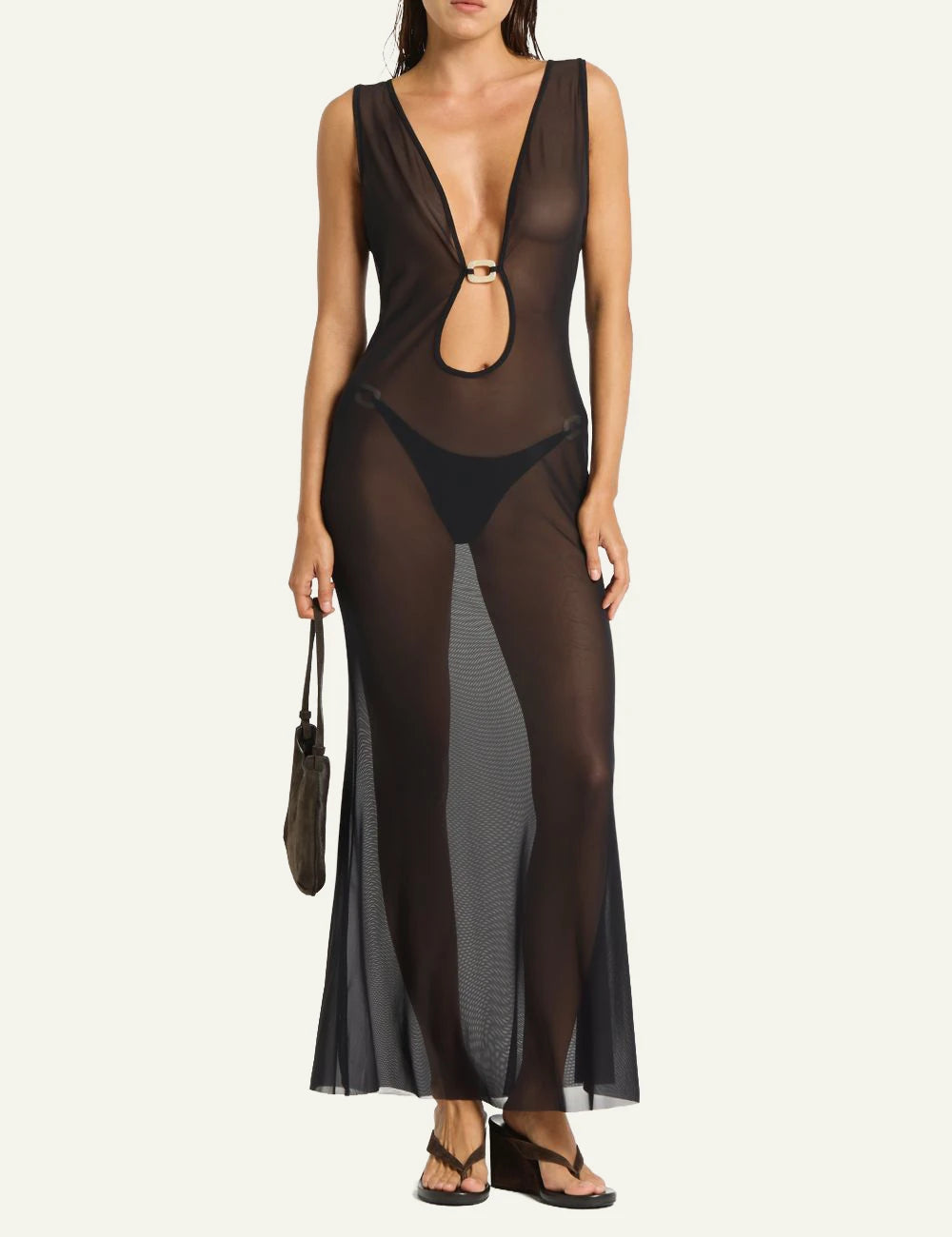 Bound sheer maxi dress black plunge front view
