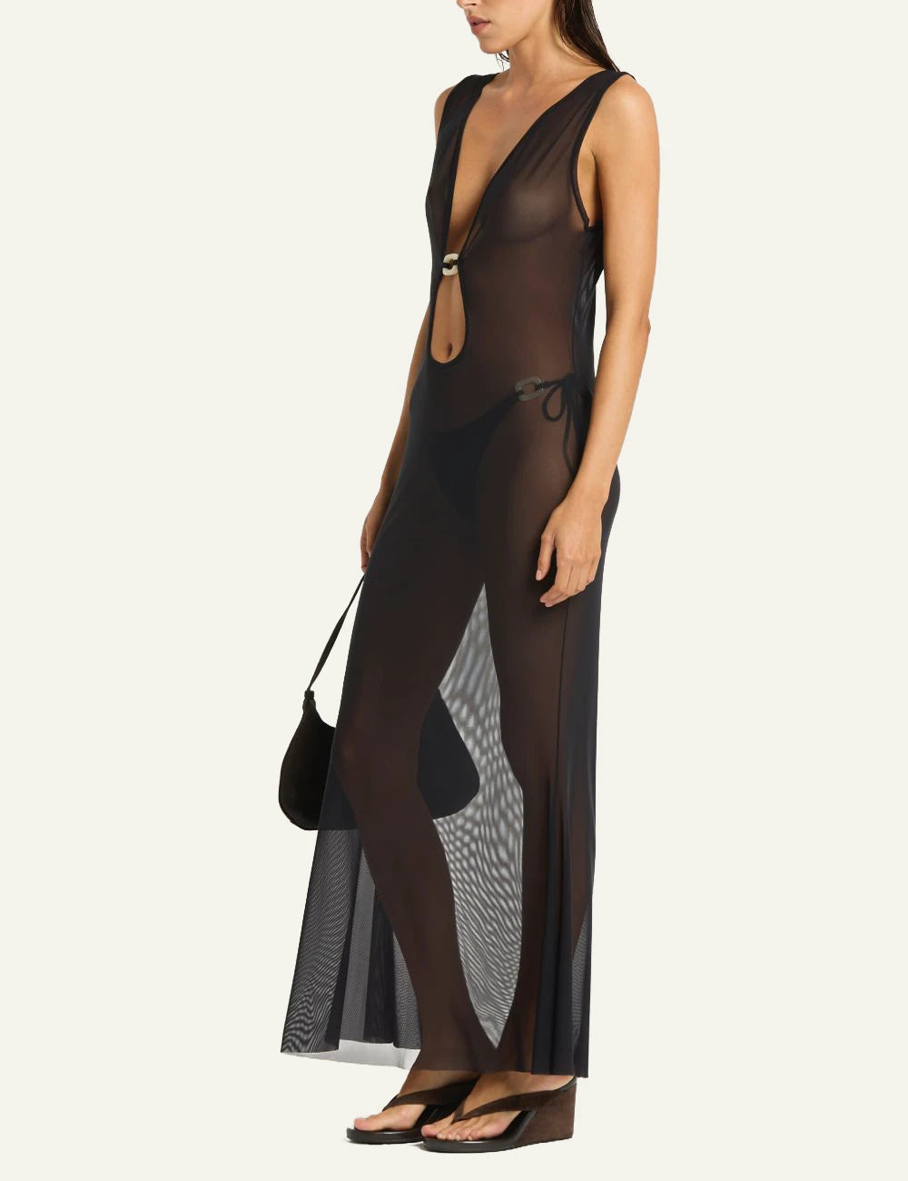 Bound sheer maxi dress black plunge side view