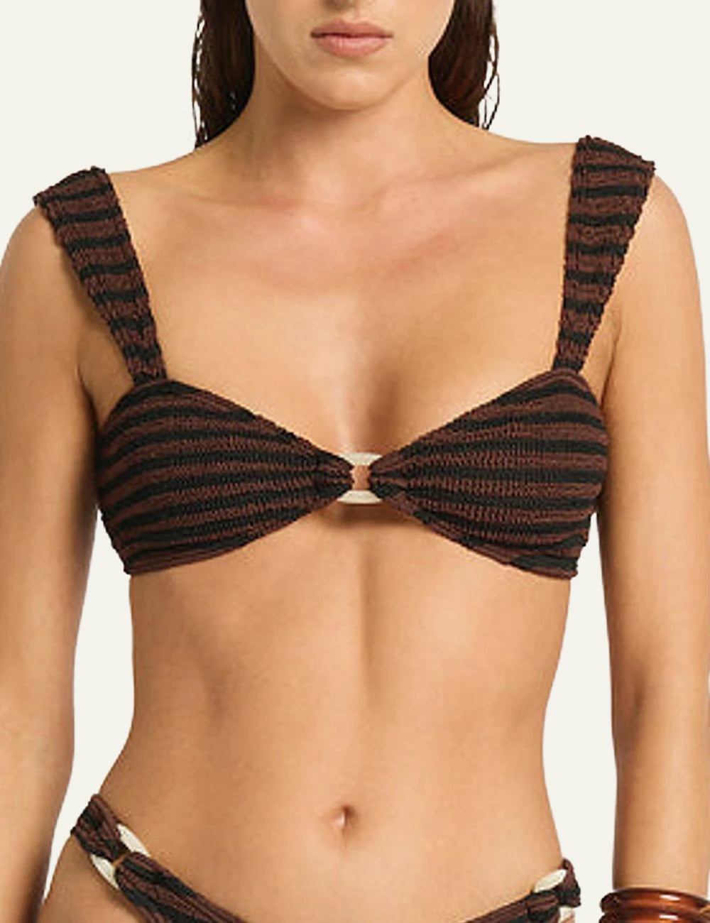 Bound striped bikini top black brown ring detail front view
