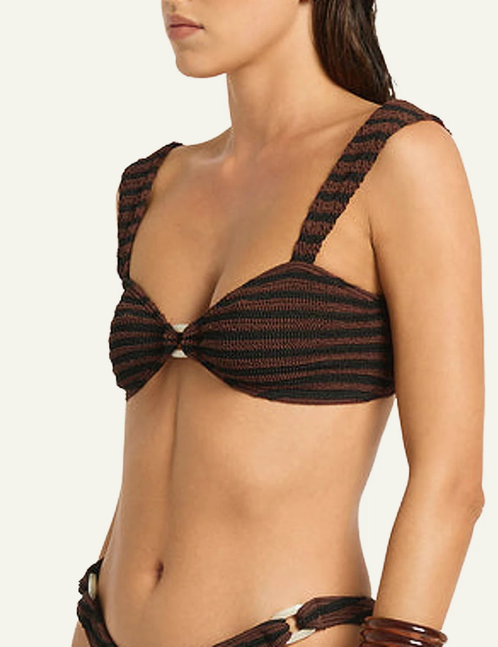 Bound striped bikini top black brown ring detail side view
