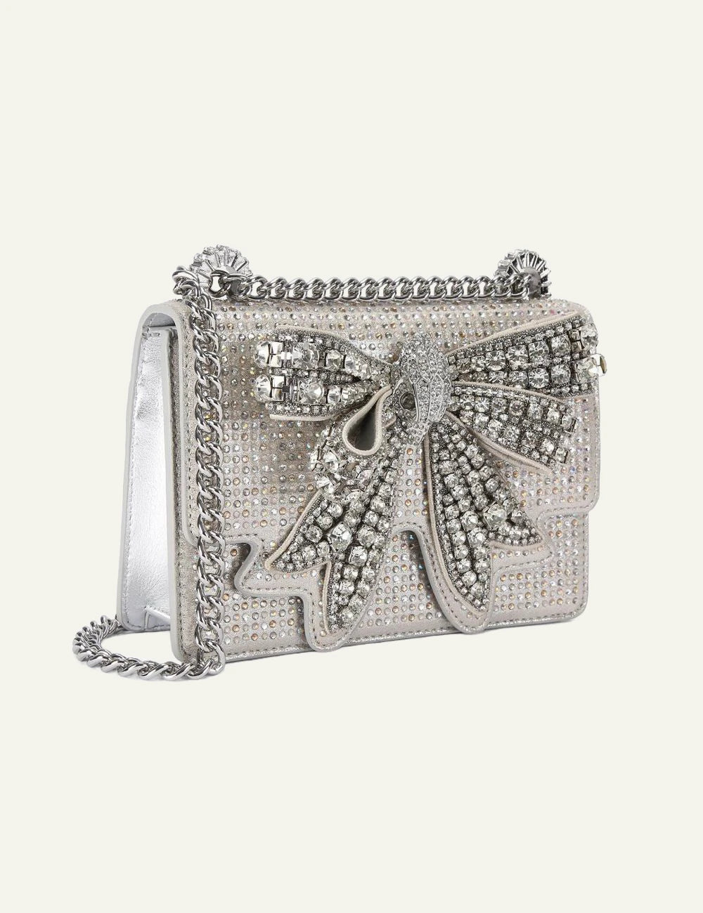 Kurt Geiger Small Shoreditch silver bag side detail metallic fabric