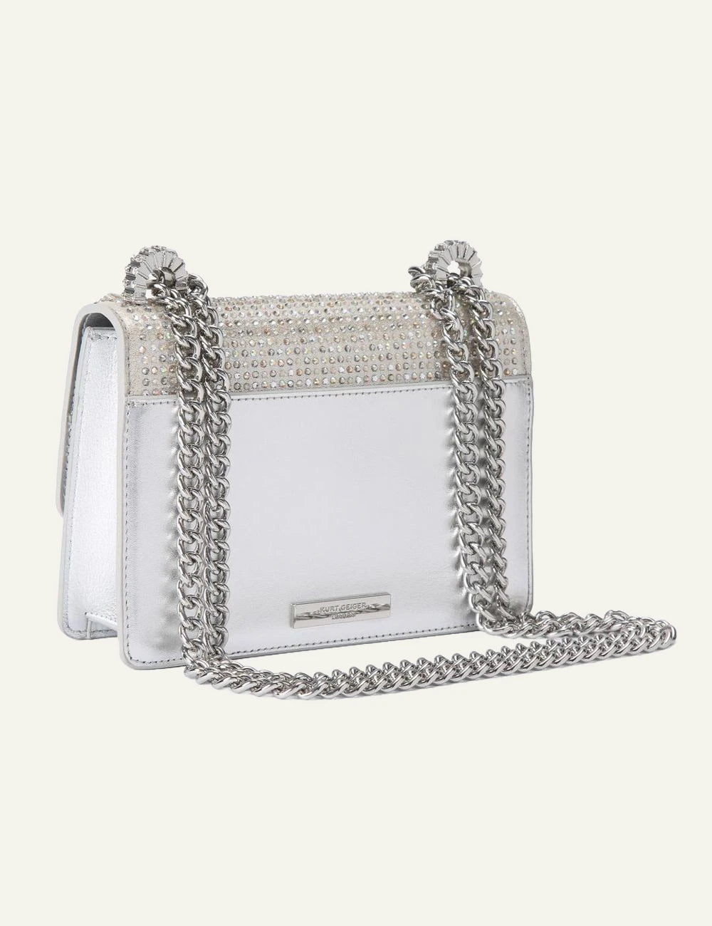 Kurt Geiger Small Shoreditch silver bag back view with branded plate