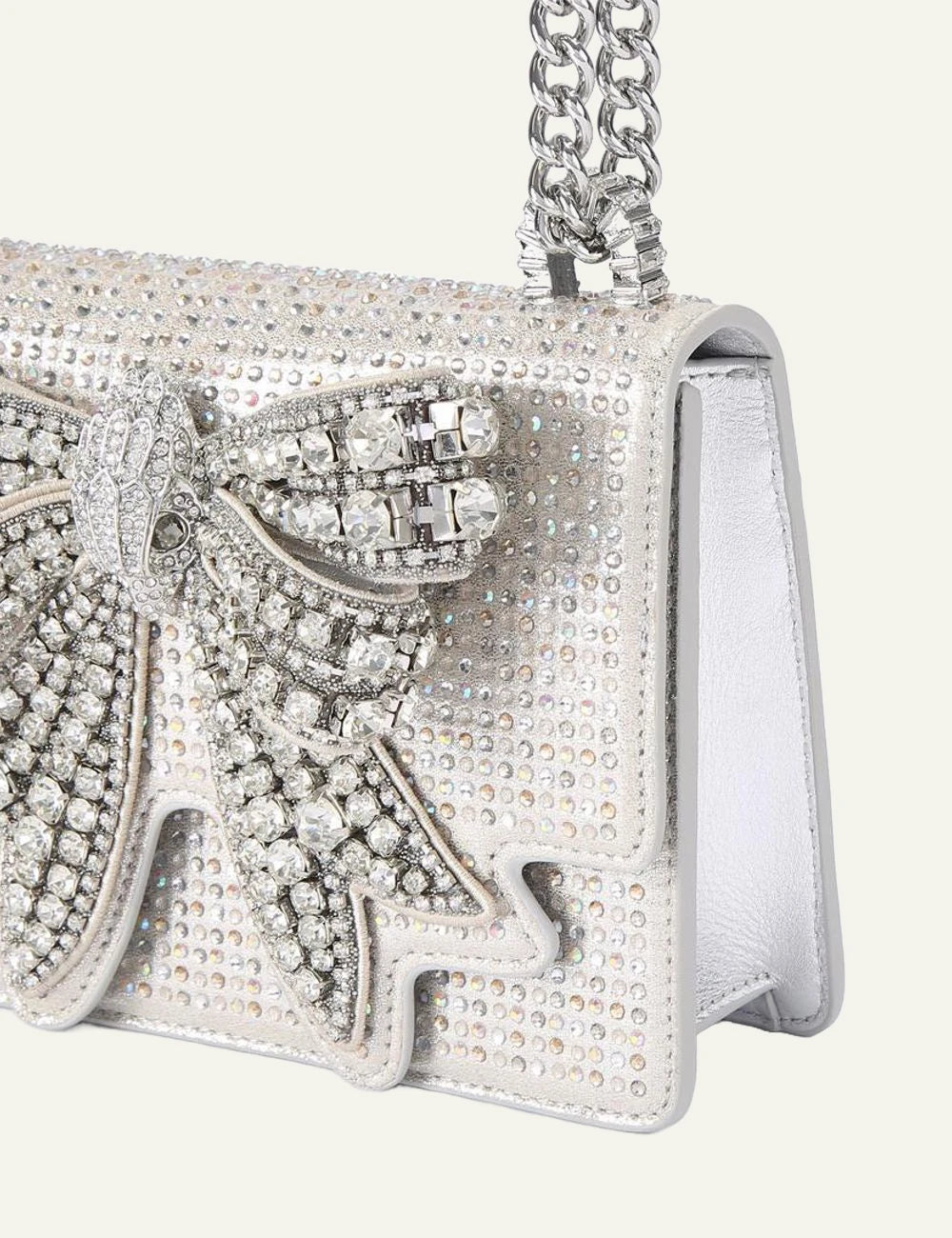 Kurt Geiger London Small Shoreditch silver crystal bag close up view