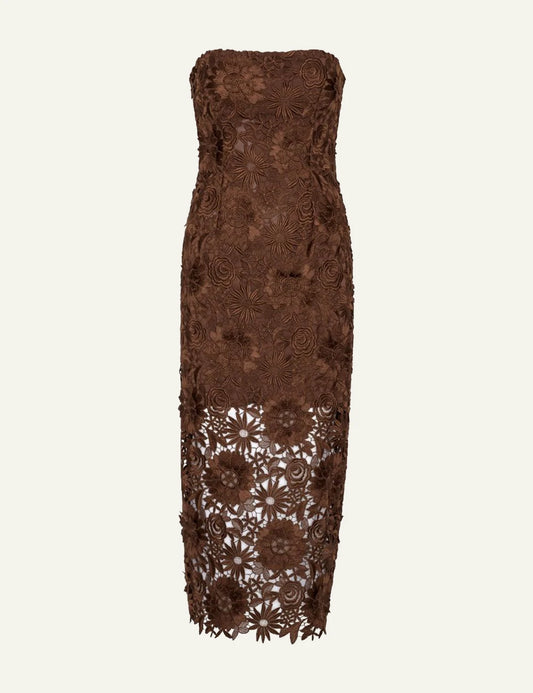 Brown 3D lace midi dress with floral embroidery strapless front flat view