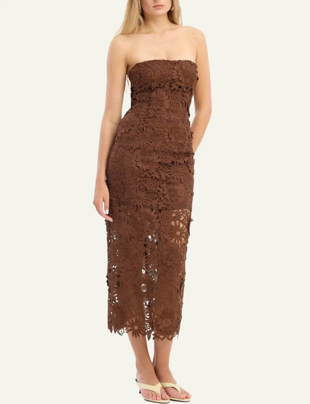 Brown 3D lace midi dress with floral embroidery strapless full body view