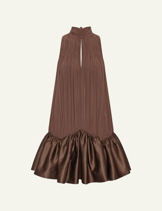 Brown gathered mini dress with high neck and ruffle hem front flat view