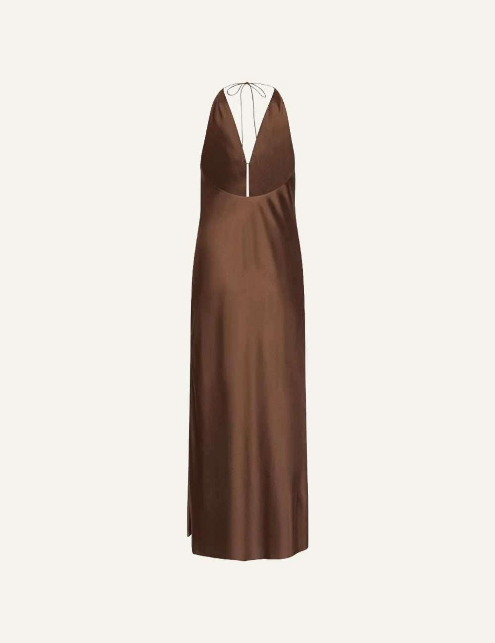 Brown satin halter maxi dress with draped neckline back flat view
