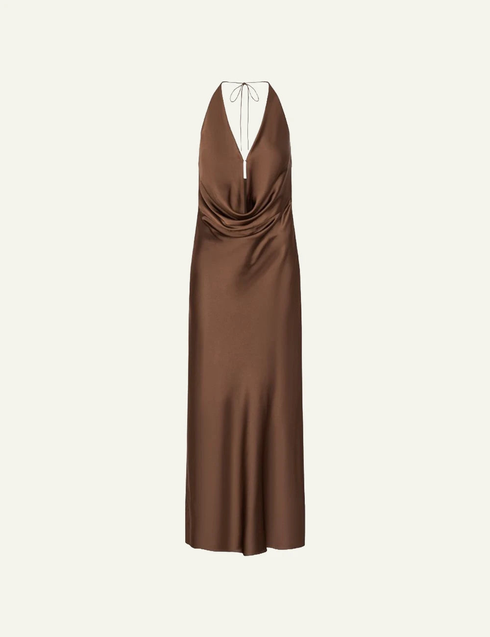 Brown satin halter maxi dress with draped neckline front flat view