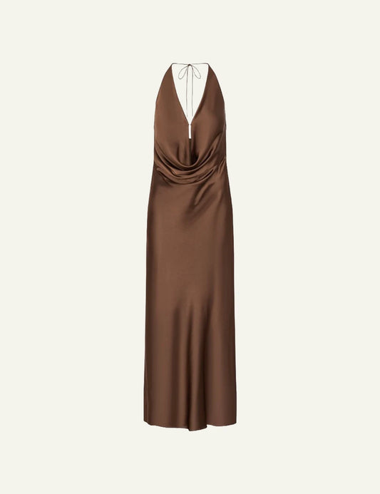 Brown satin halter maxi dress with draped neckline front flat view