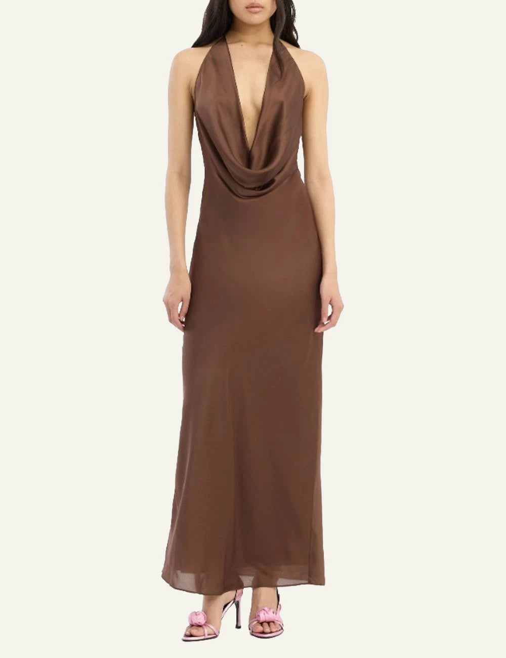Brown satin halter maxi dress with draped neckline full body view