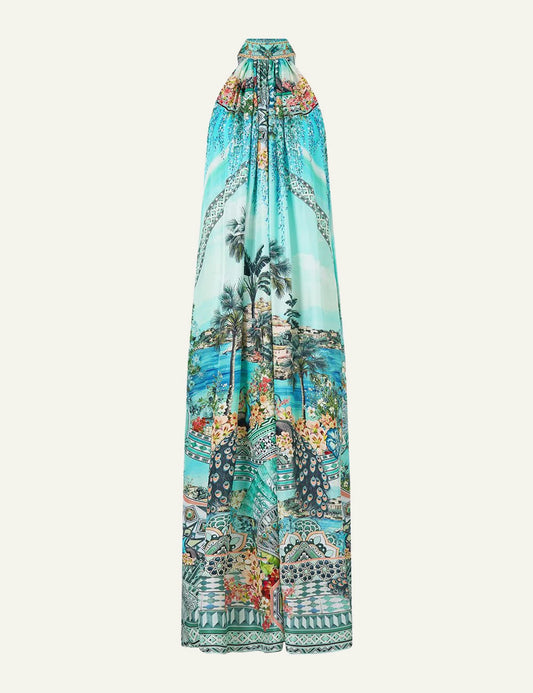 camilla balearic bebe ghost tie neck long dress front flat view
