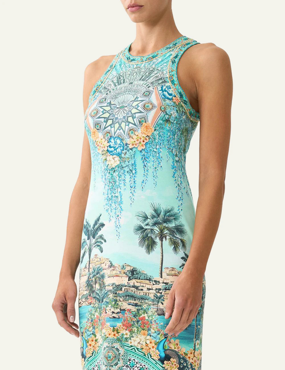 camilla balearic bebe jersey tank dress turquoise front model view