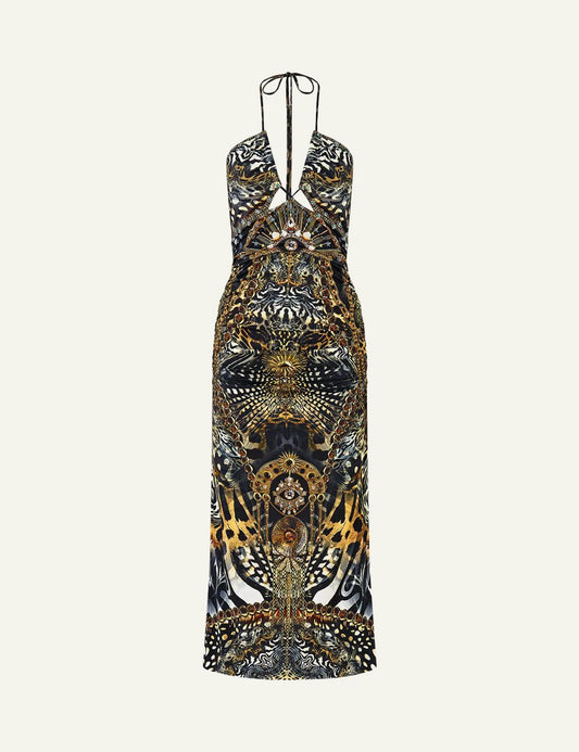 camilla feline folklore cut out sleeveless jersey halter neck dress front flat view