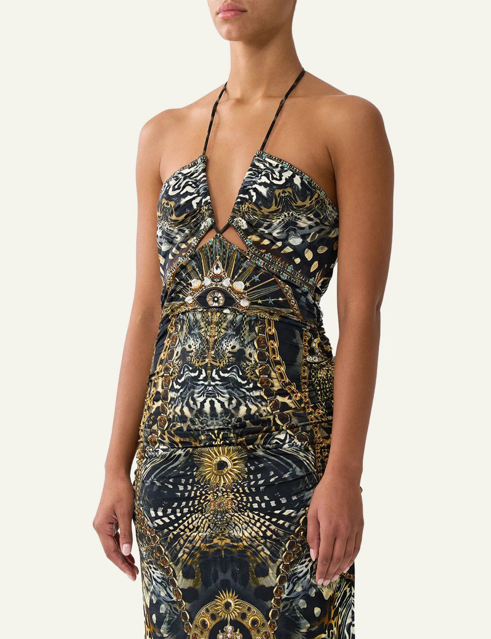 camilla feline folklore cut out sleeveless jersey halter neck dress front model view