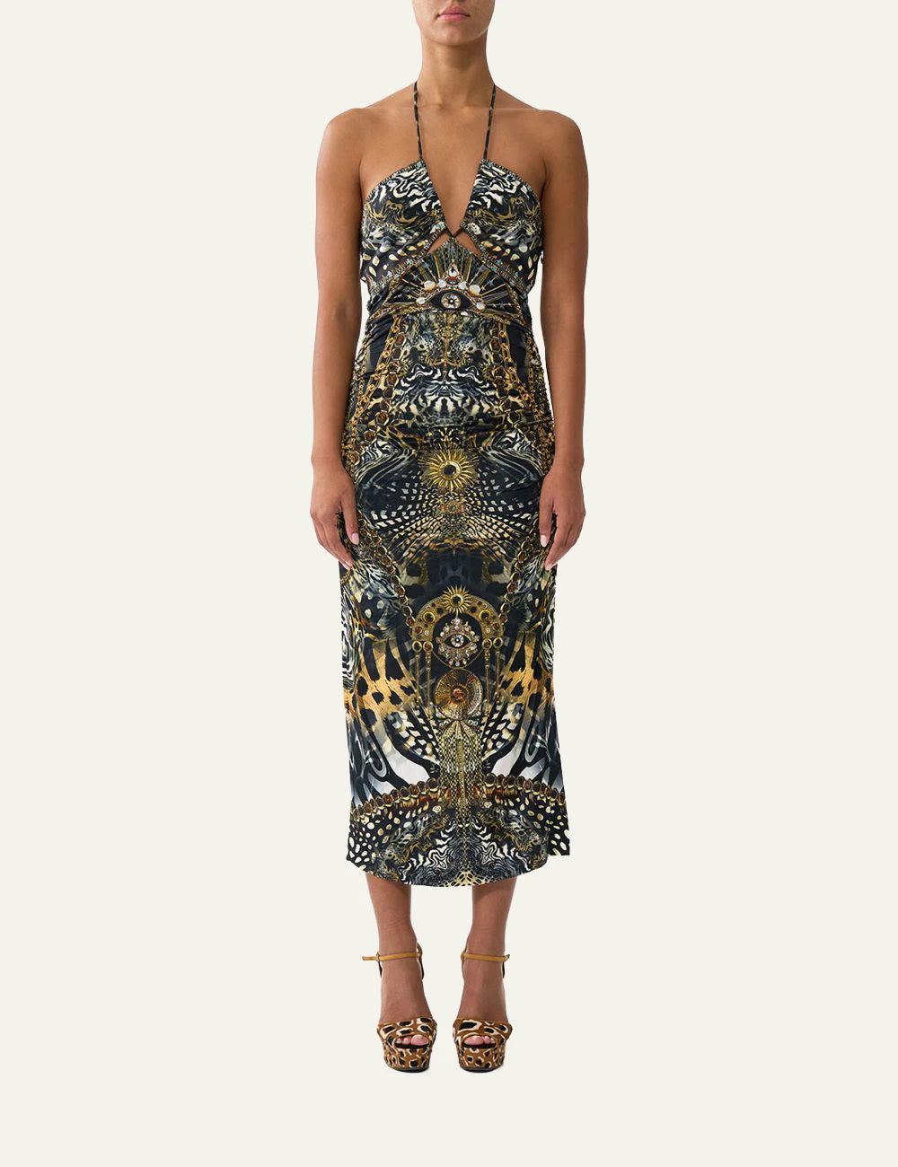 camilla feline folklore cut out sleeveless jersey halter neck dress front full view