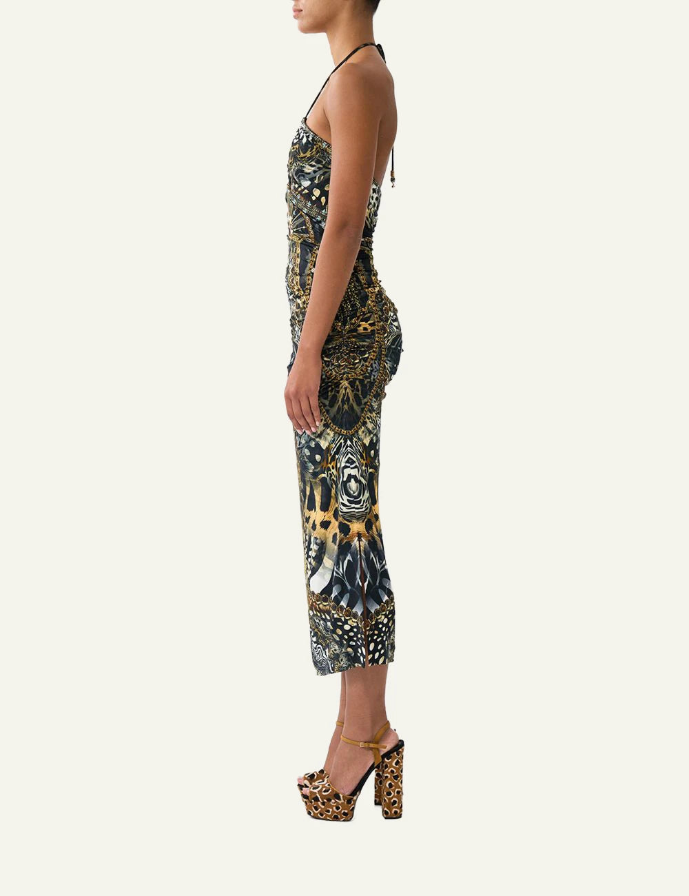 camilla feline folklore cut out sleeveless jersey halter neck dress side view