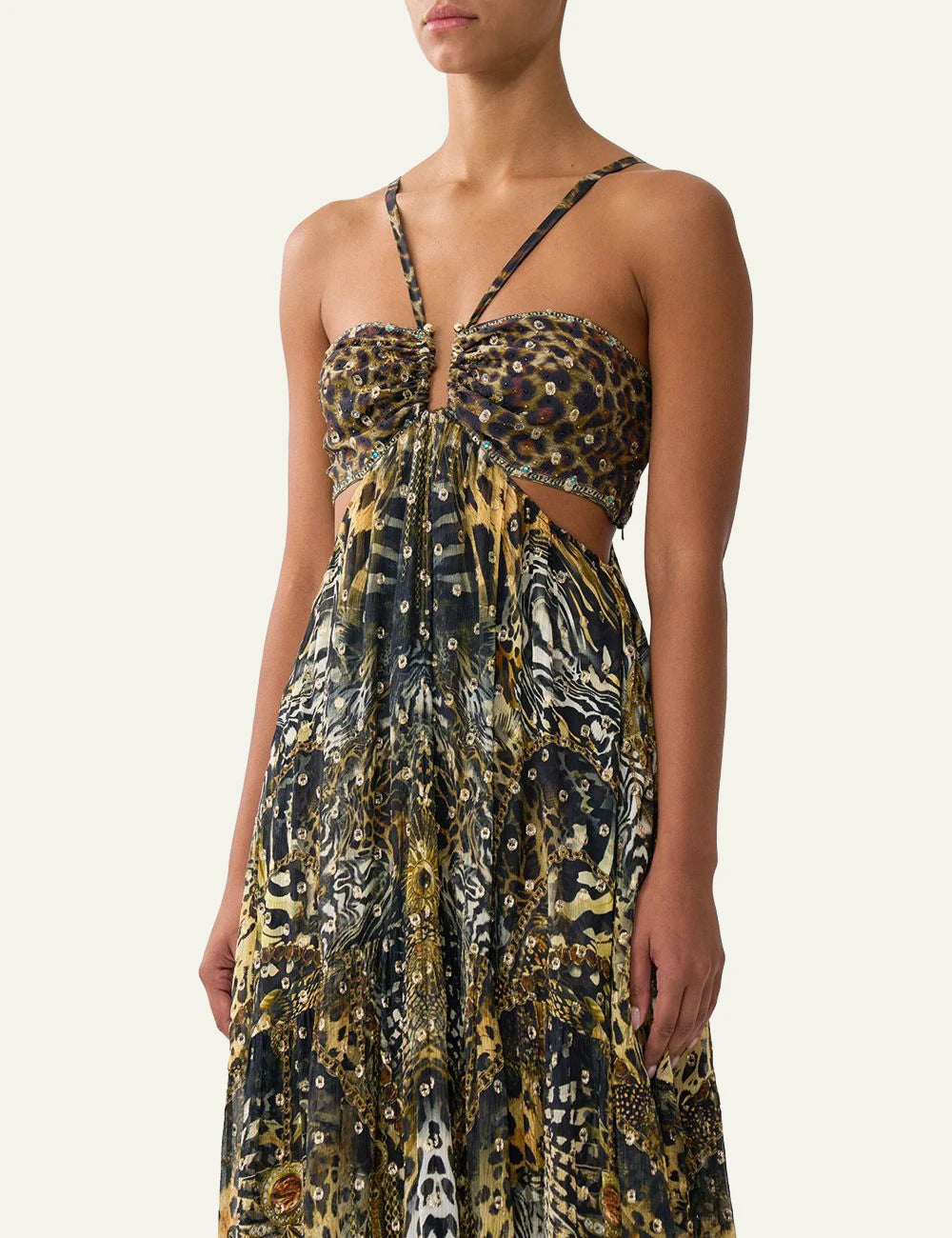 camilla feline folklore gathered cut out dress maxi front model view