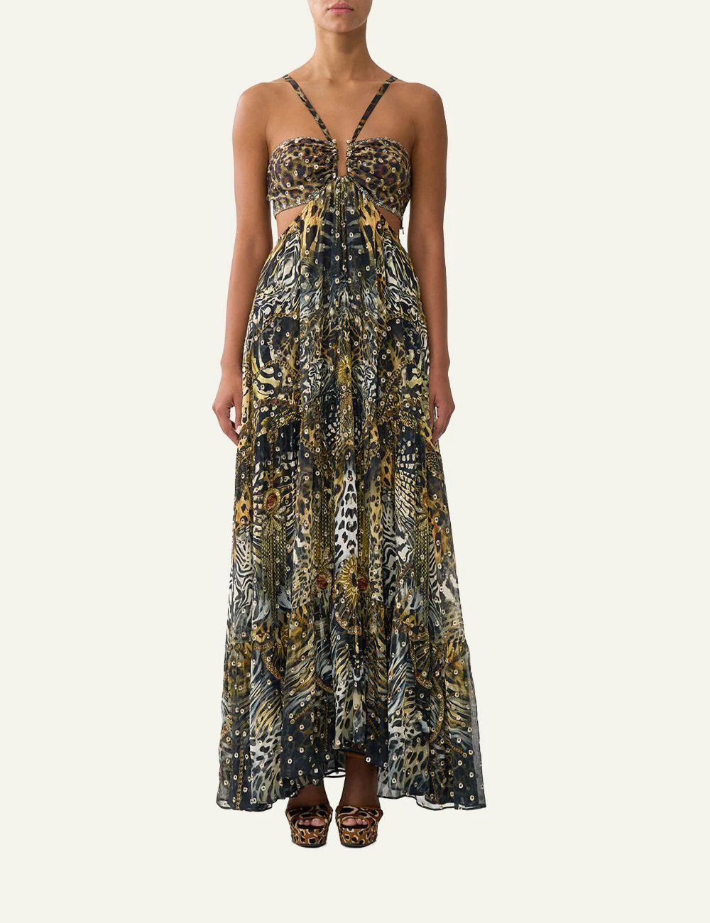 camilla feline folklore gathered cut out dress maxi front full body view