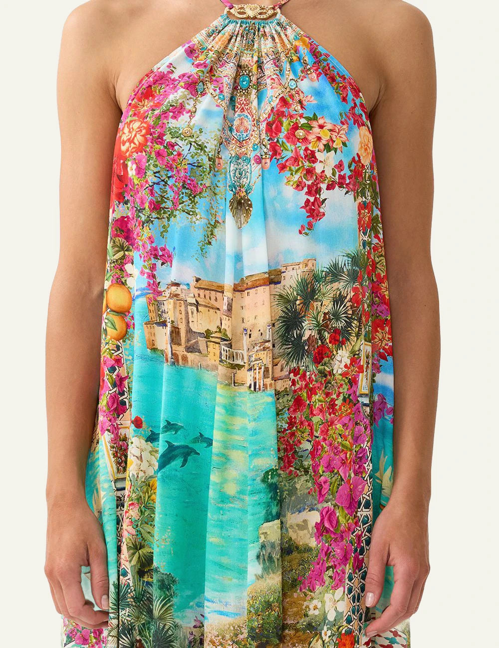 camilla meet me in mallorca gather neck hardware maxi dress front model view