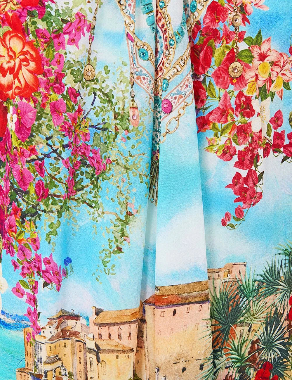 camilla meet me in mallorca gather neck hardware maxi dress front detail view