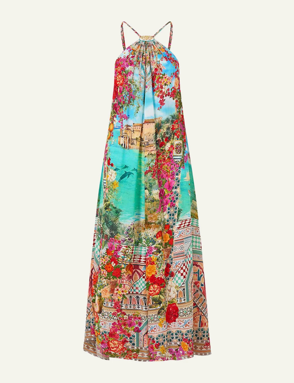 camilla meet me in mallorca gather neck hardware maxi dress front flat view