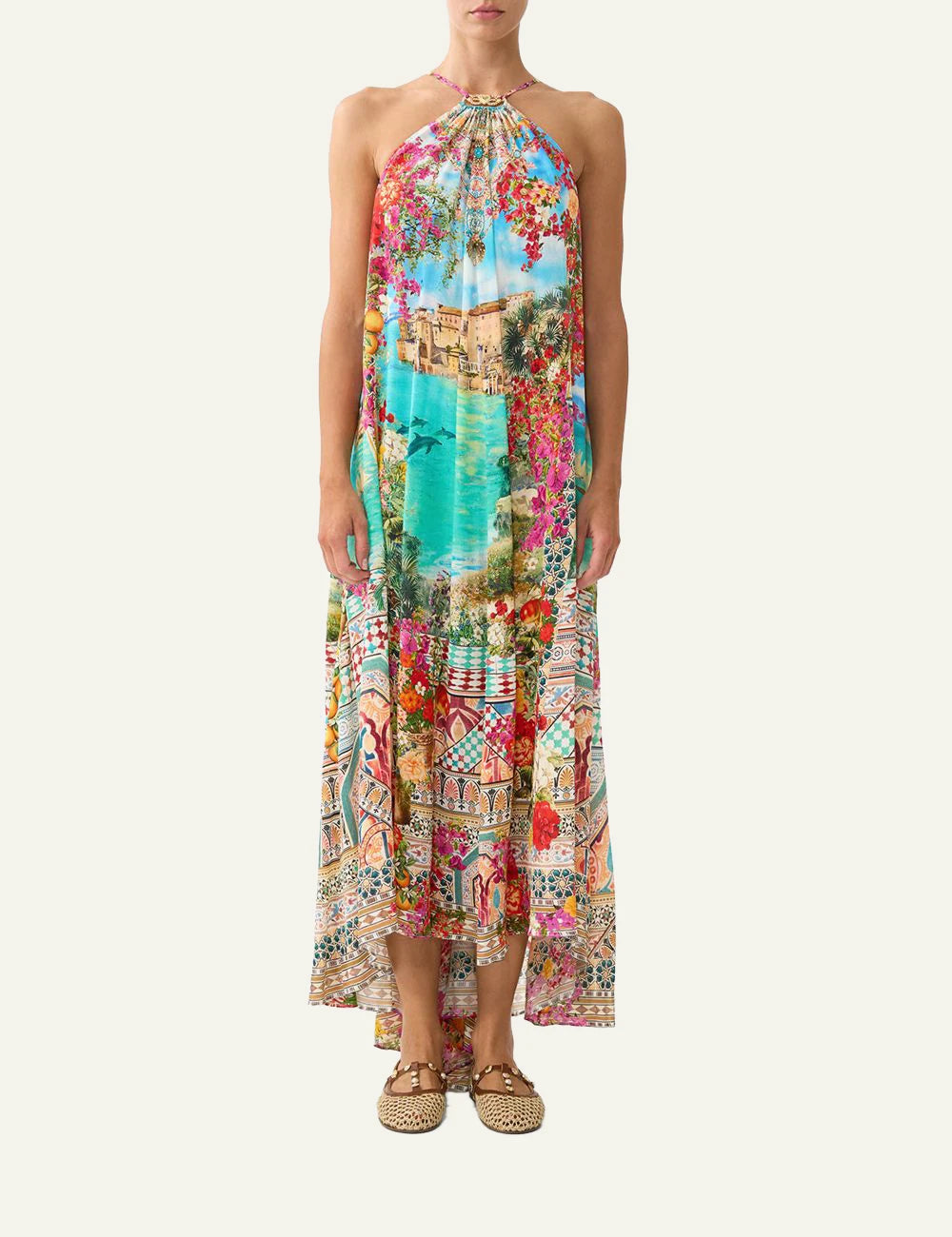 camilla meet me in mallorca gather neck hardware maxi dress front full body view
