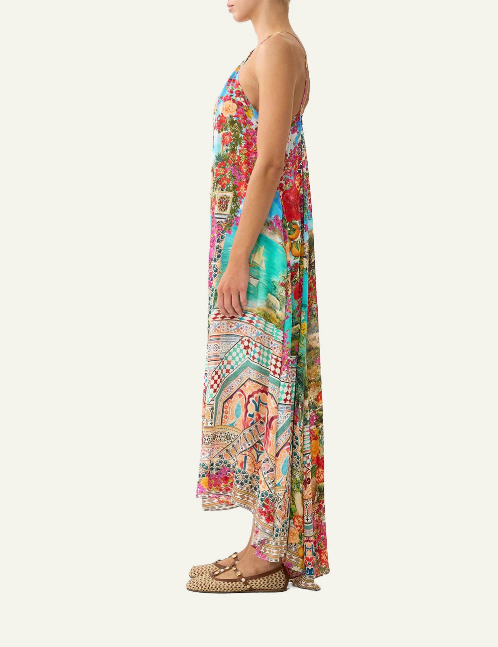 camilla meet me in mallorca gather neck hardware maxi dress side view