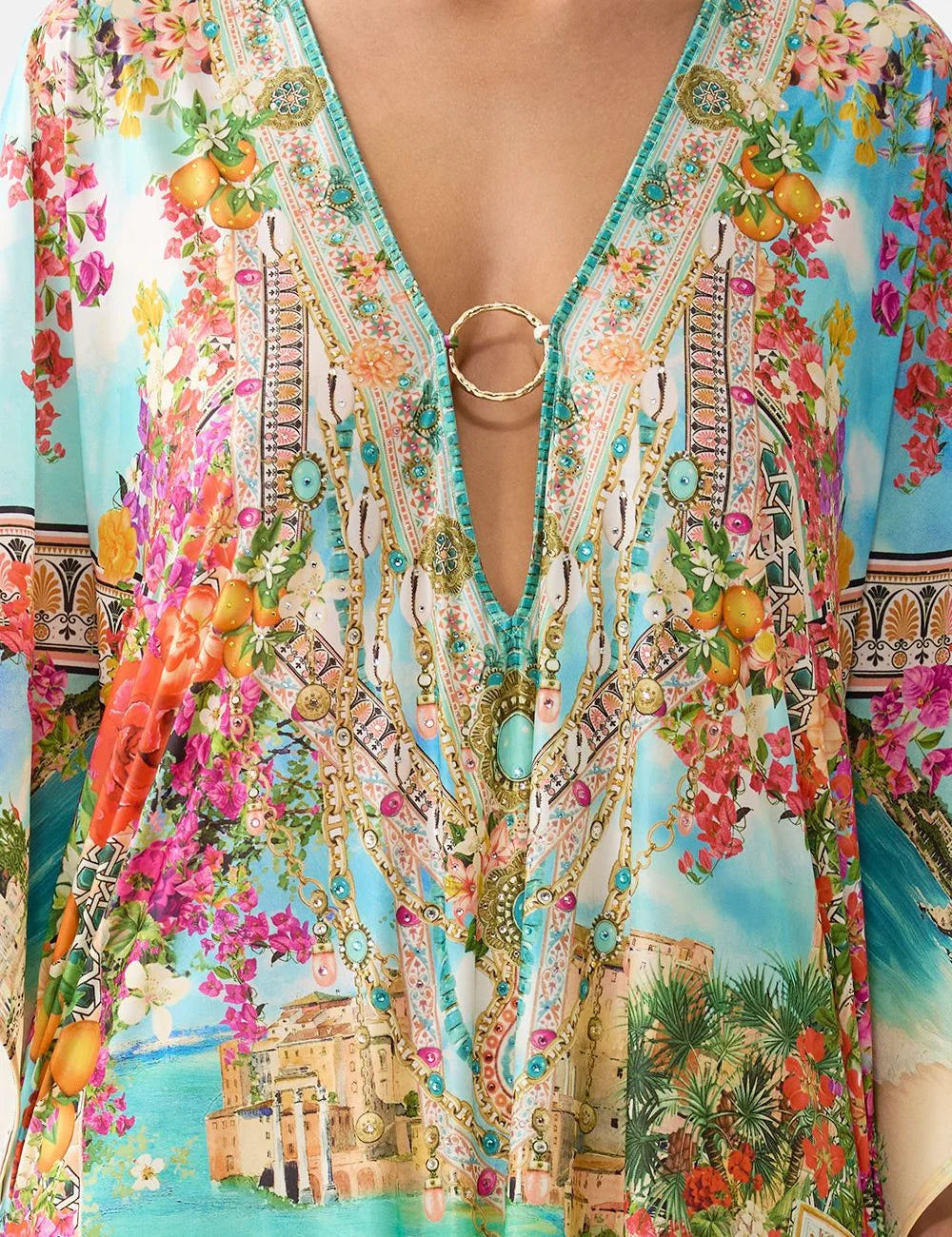 camilla meet me in mallorca long v neck kaftan front detail view