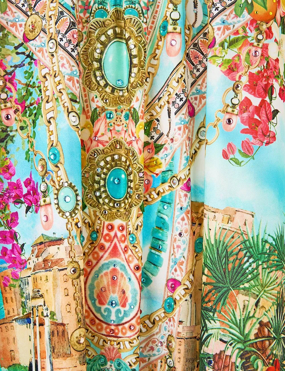 camilla meet me in mallorca long v neck kaftan front detail print view