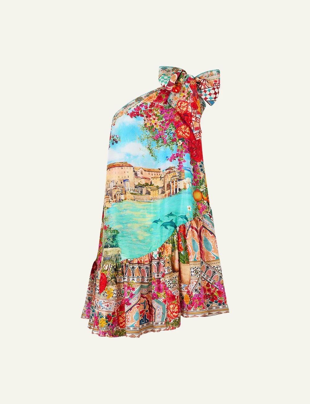 camilla meet me in mallorca tie one shoulder short dress front flat view