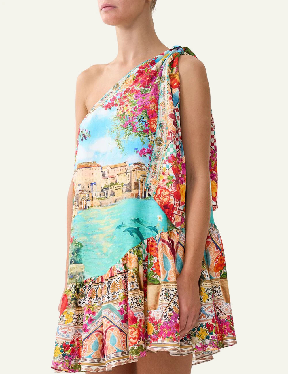 camilla meet me in mallorca tie one shoulder short dress front model view