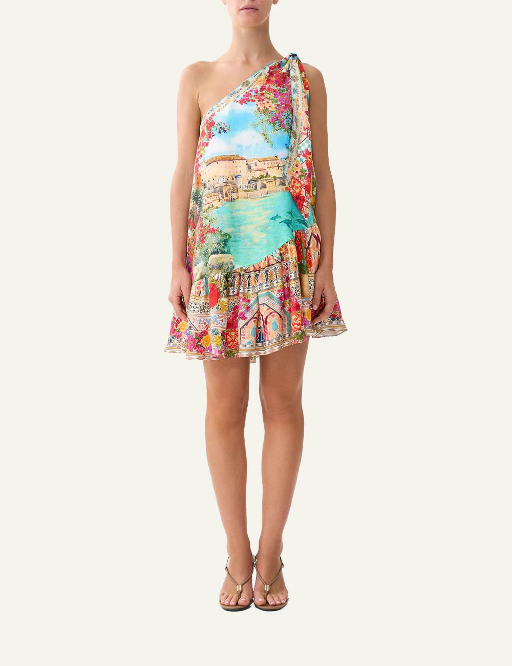 camilla meet me in mallorca tie one shoulder short dress front full body view
