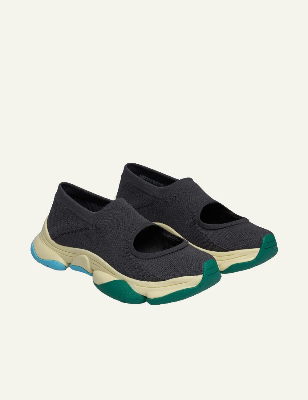 Camper Karst Ballerina Issey Miyake charcoal knit pair front view