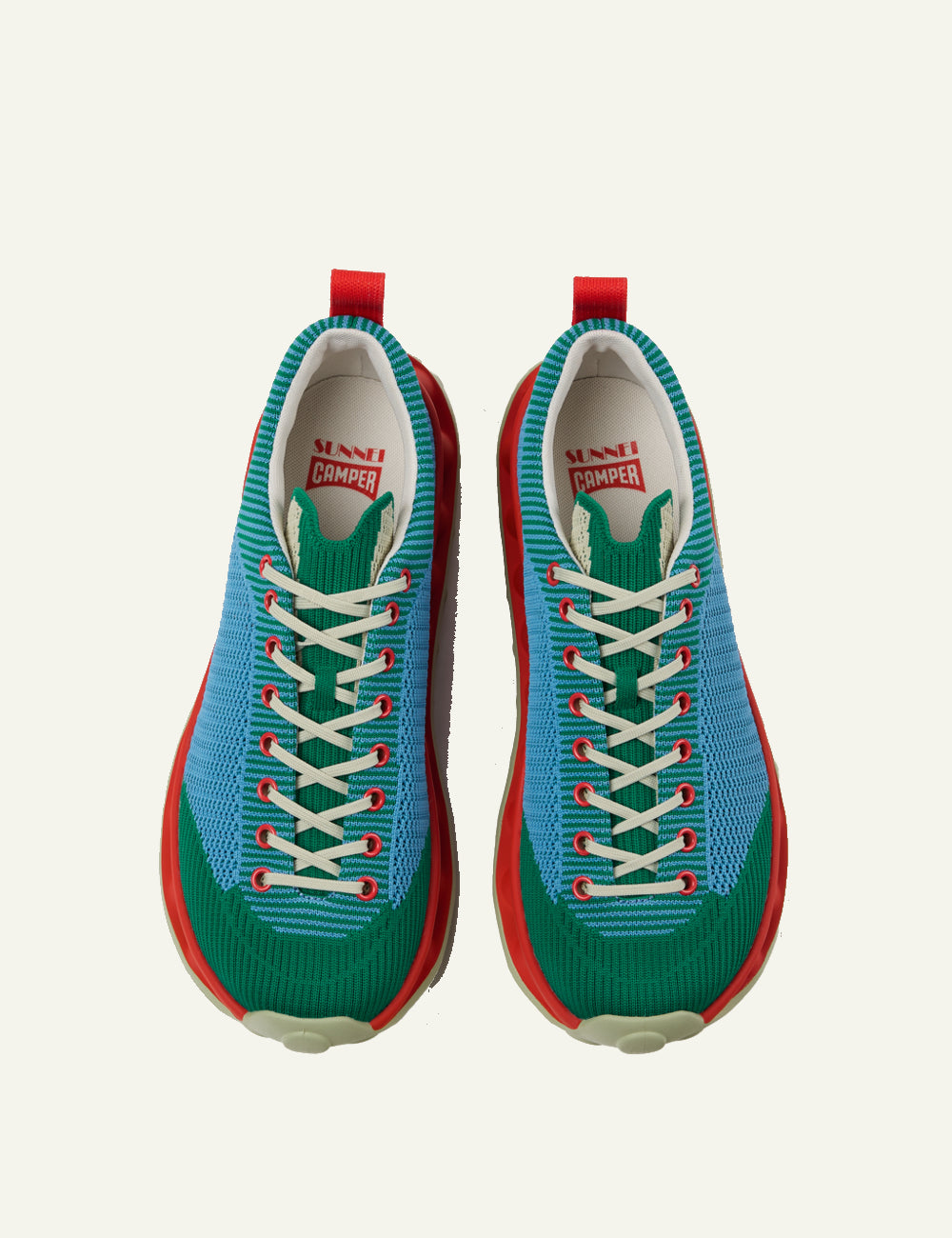 Camper Pelotissima SUNNEI multicolor sneakers side view green blue red sole pair top view