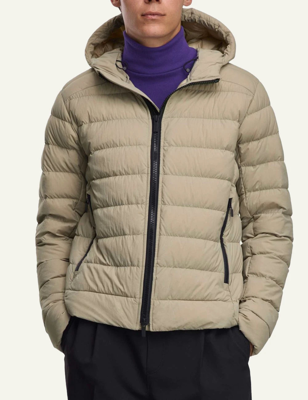 Canada Goose Crofton hoodie beige packable jacket hooded front model view