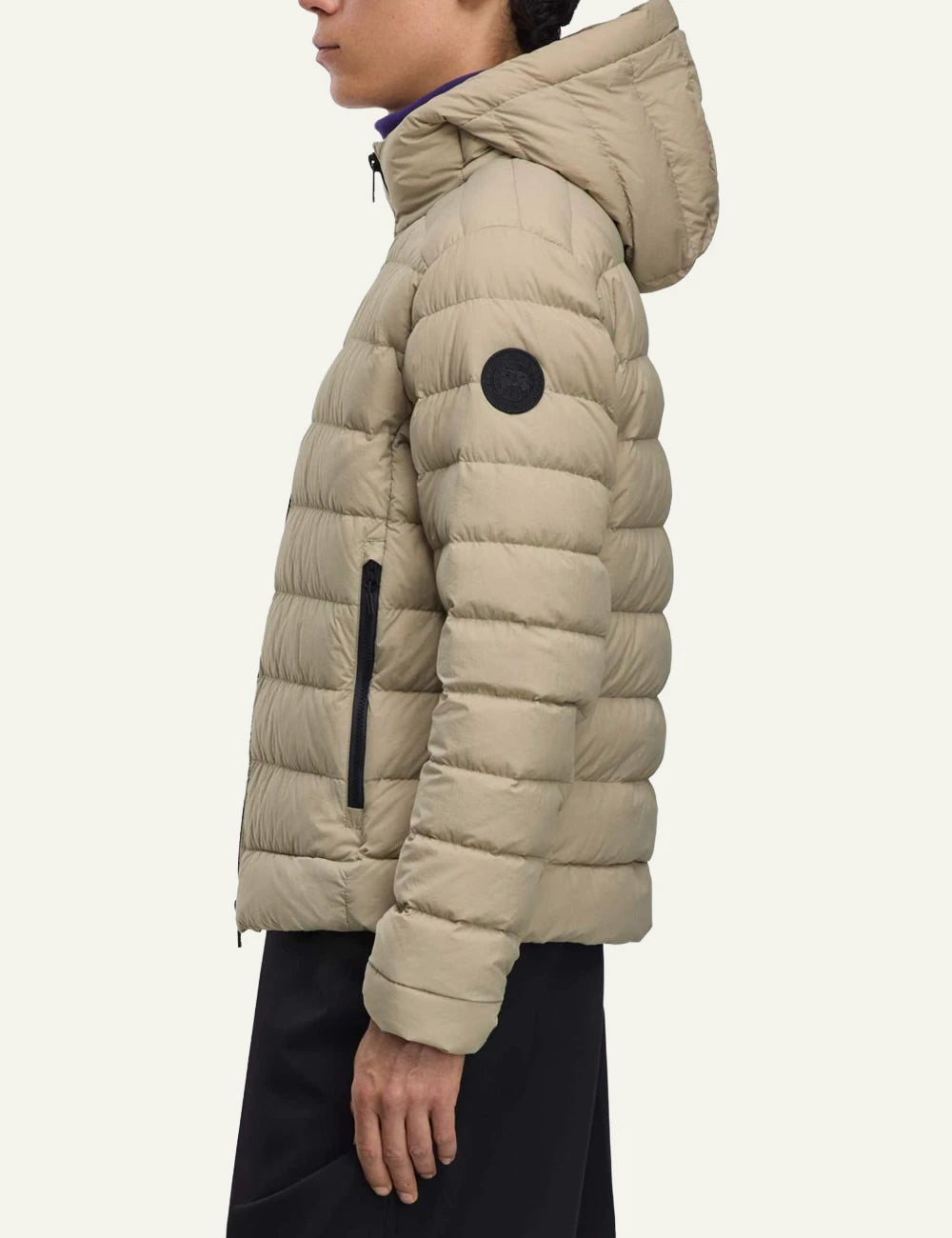 Canada Goose Crofton hoodie beige packable jacket hooded side view
