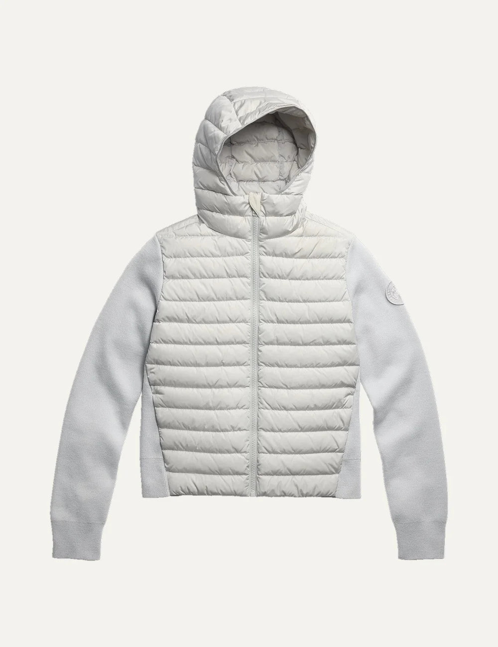 Canada Goose men's HyBridge Hayes Full Zip Hoodie light grey hybrid down jacket with quilted front, down-filled hood, Merino wool sleeves and zip pockets