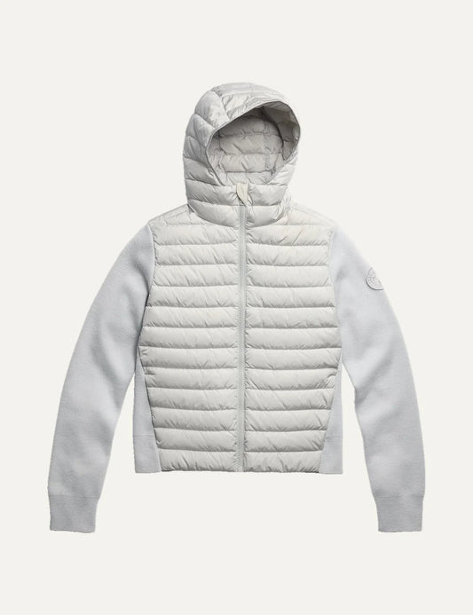 Canada Goose men's HyBridge Hayes Full Zip Hoodie light grey hybrid down jacket with quilted front, down-filled hood, Merino wool sleeves and zip pockets