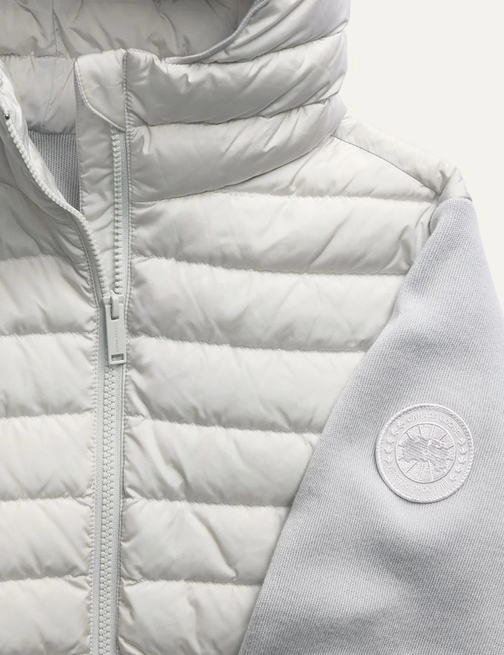 Canada Goose men's HyBridge Hayes Full Zip Hoodie light grey hybrid down jacket with quilted front, down-filled hood, Merino wool sleeves and zip pockets detail