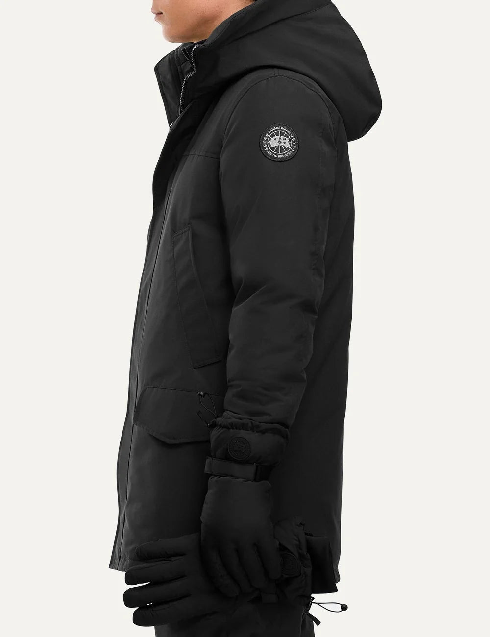 Canada Goose men's Langford Parka in black with Arctic Tech fabric, down-filled hood, concealed zipper, multiple pockets and logo patch side