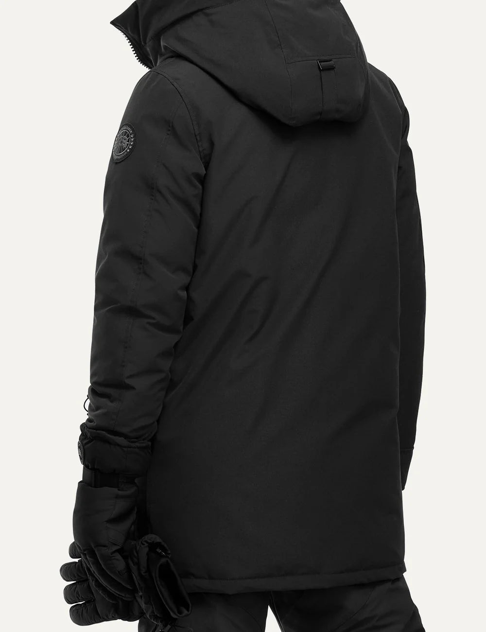 Canada Goose men's Langford Parka in black with Arctic Tech fabric, down-filled hood, concealed zipper, multiple pockets and logo patch back