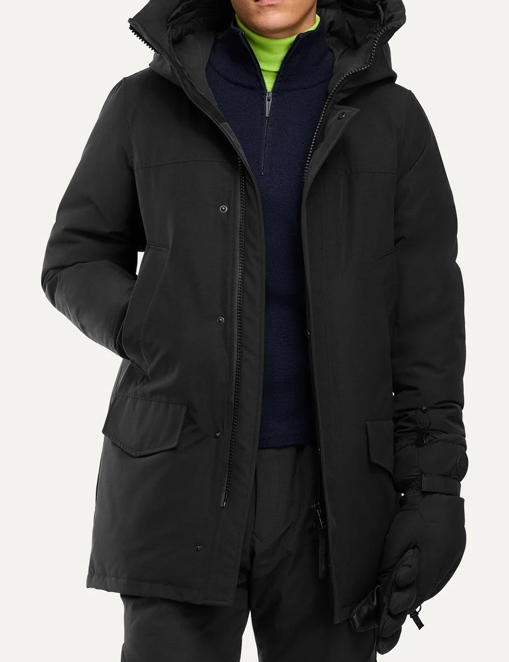Canada Goose men's Langford Parka in black with Arctic Tech fabric, down-filled hood, concealed zipper, multiple pockets and logo patch model