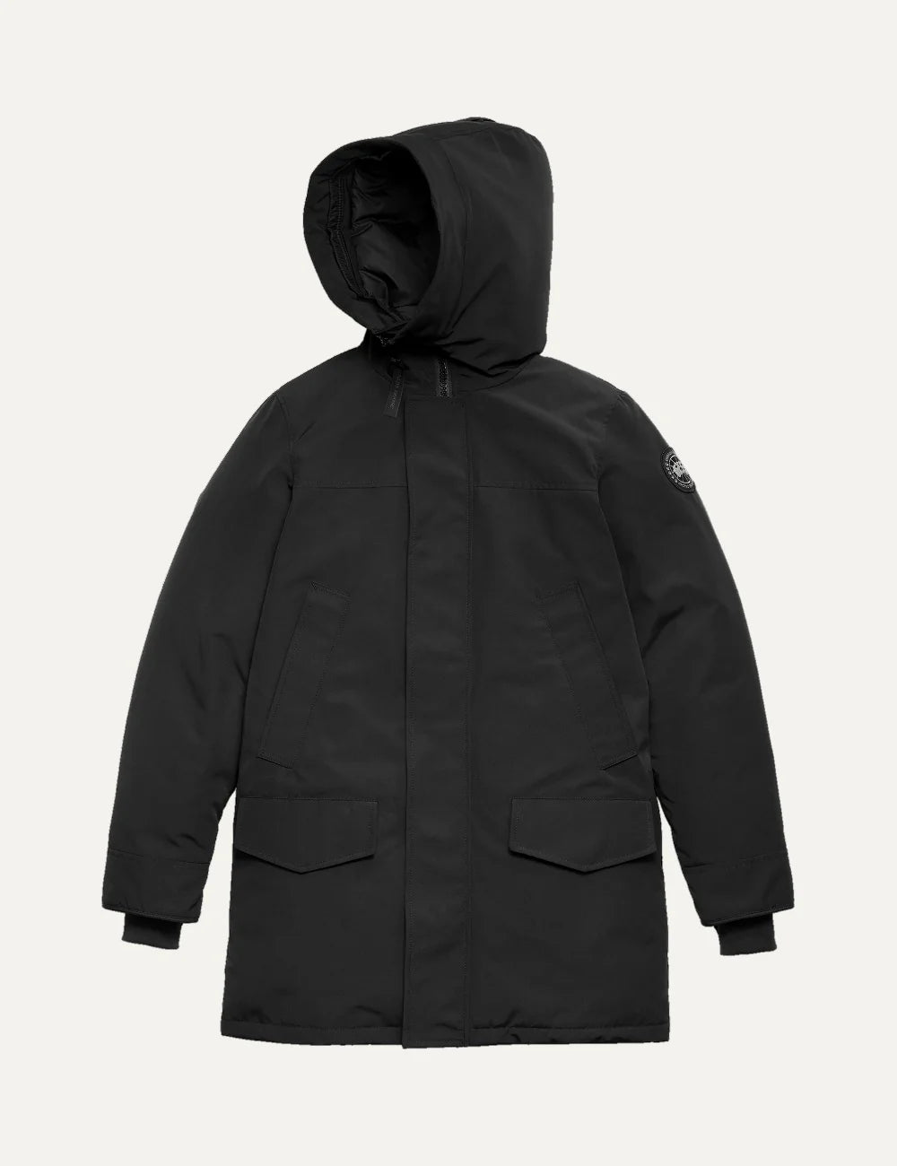 Canada Goose men's Langford Parka in black with Arctic Tech fabric, down-filled hood, concealed zipper, multiple pockets and logo patch.