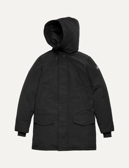 Canada Goose men's Langford Parka in black with Arctic Tech fabric, down-filled hood, concealed zipper, multiple pockets and logo patch.