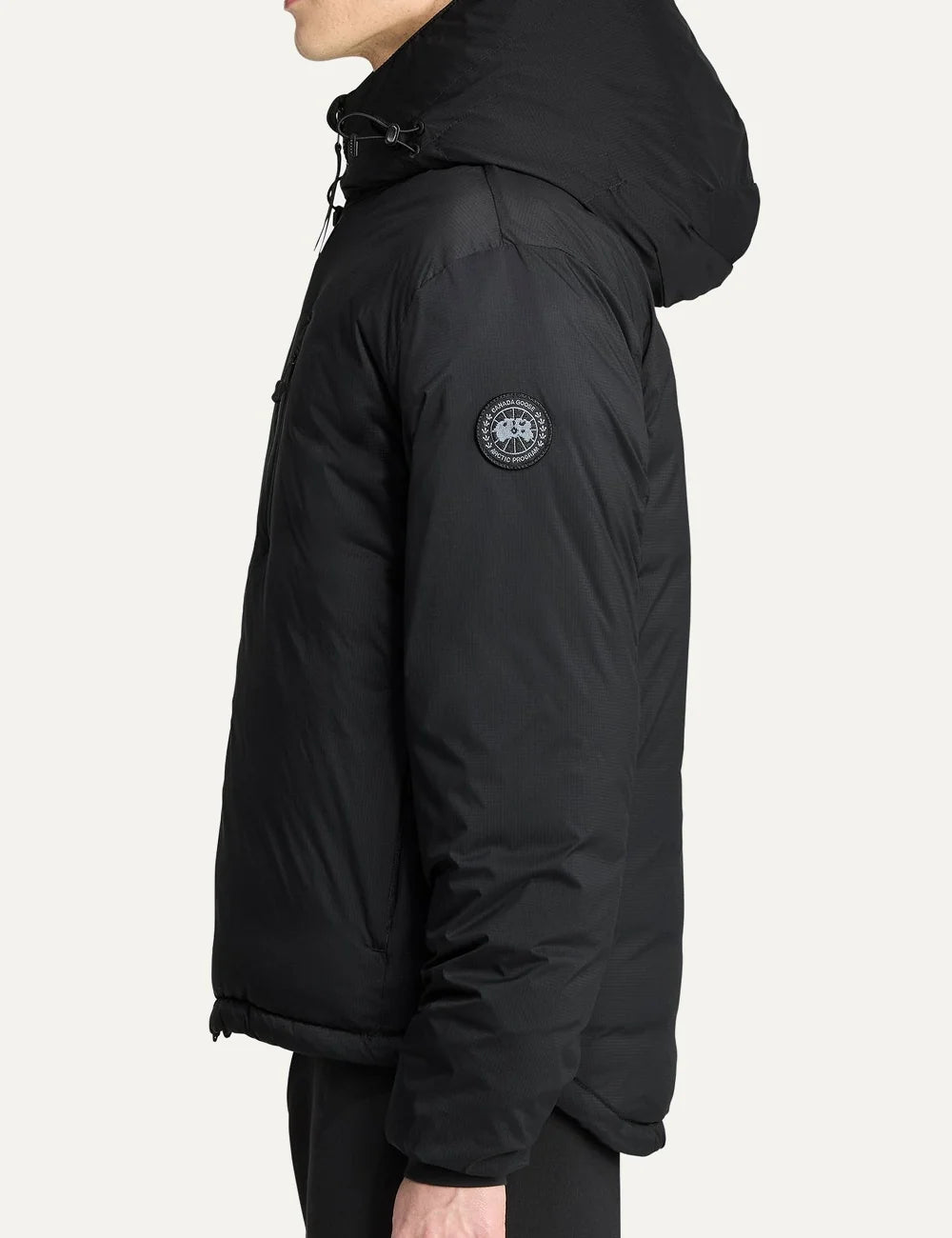 Canada Goose men's Lodge Hoodie black lightweight down jacket with adjustable hood, windproof nylon ripstop shell, zippered pockets and logo patch side