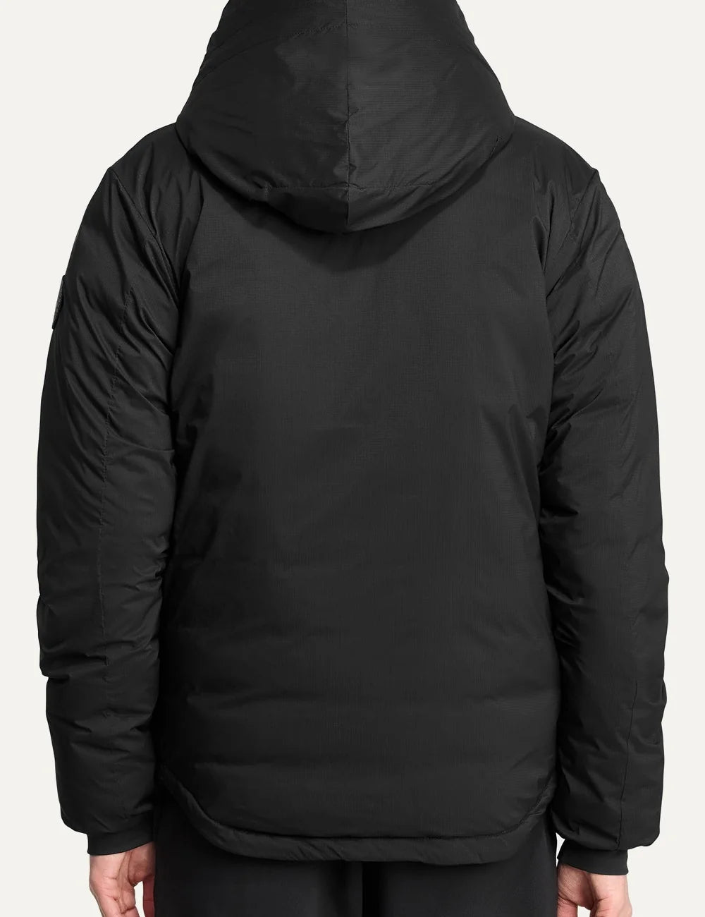 Canada Goose men's Lodge Hoodie black lightweight down jacket with adjustable hood, windproof nylon ripstop shell, zippered pockets and logo patch back