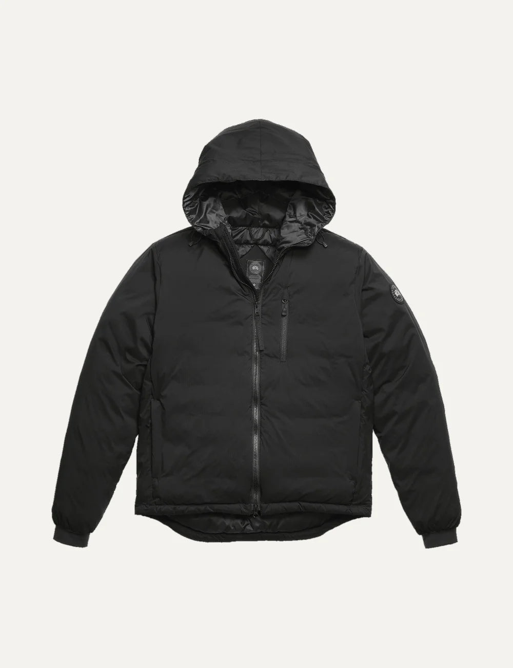 Canada Goose men's Lodge Hoodie black lightweight down jacket with adjustable hood, windproof nylon ripstop shell, zippered pockets and logo patch