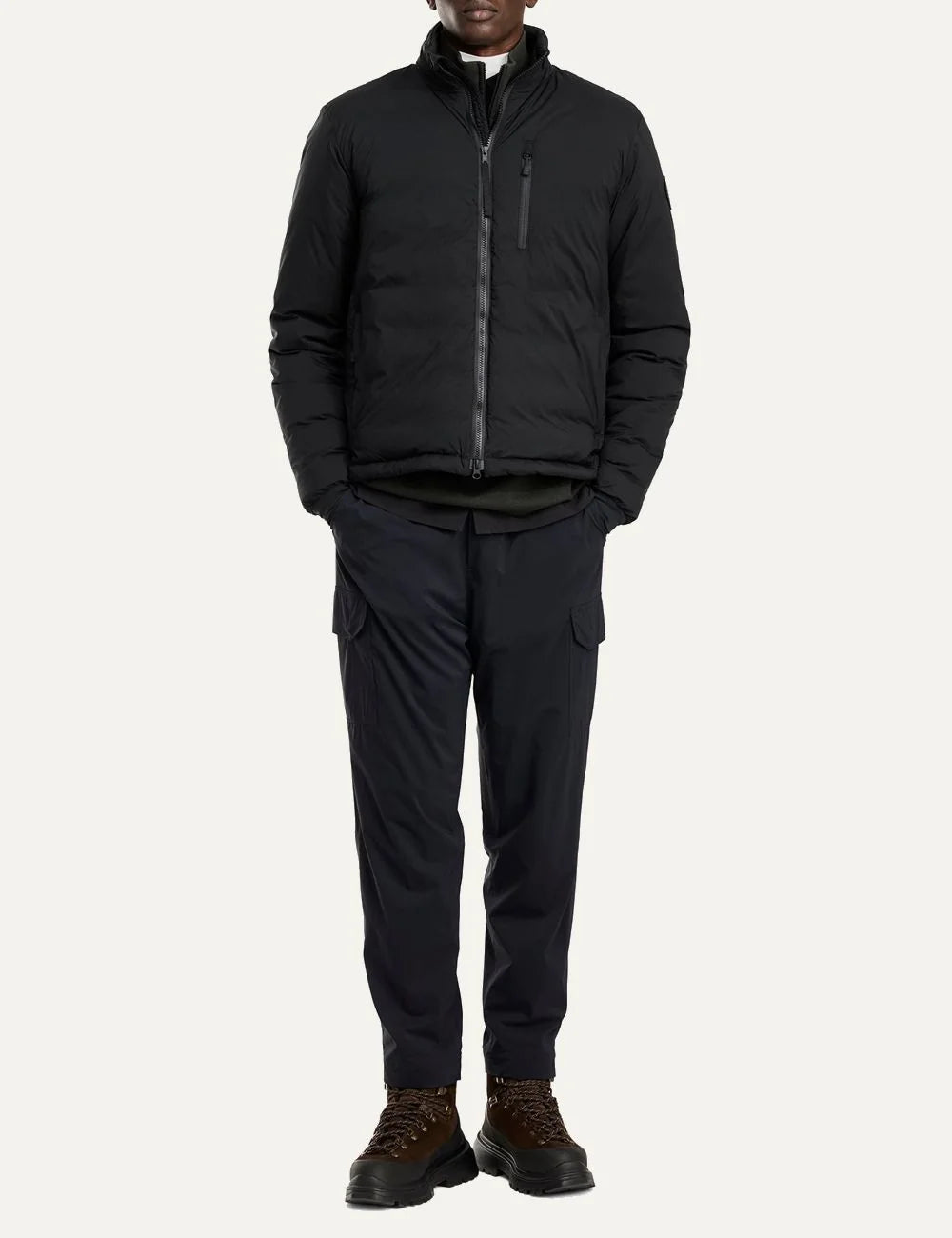 Canada Goose men's Lodge Jacket in black with down insulation, stand collar, two-way zipper, zippered pockets and logo patch full body