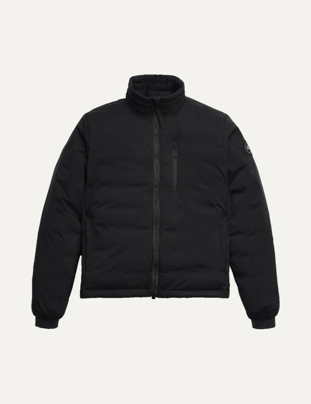 Canada Goose men's Lodge Jacket in black with down insulation, stand collar, two-way zipper, zippered pockets and logo patch.